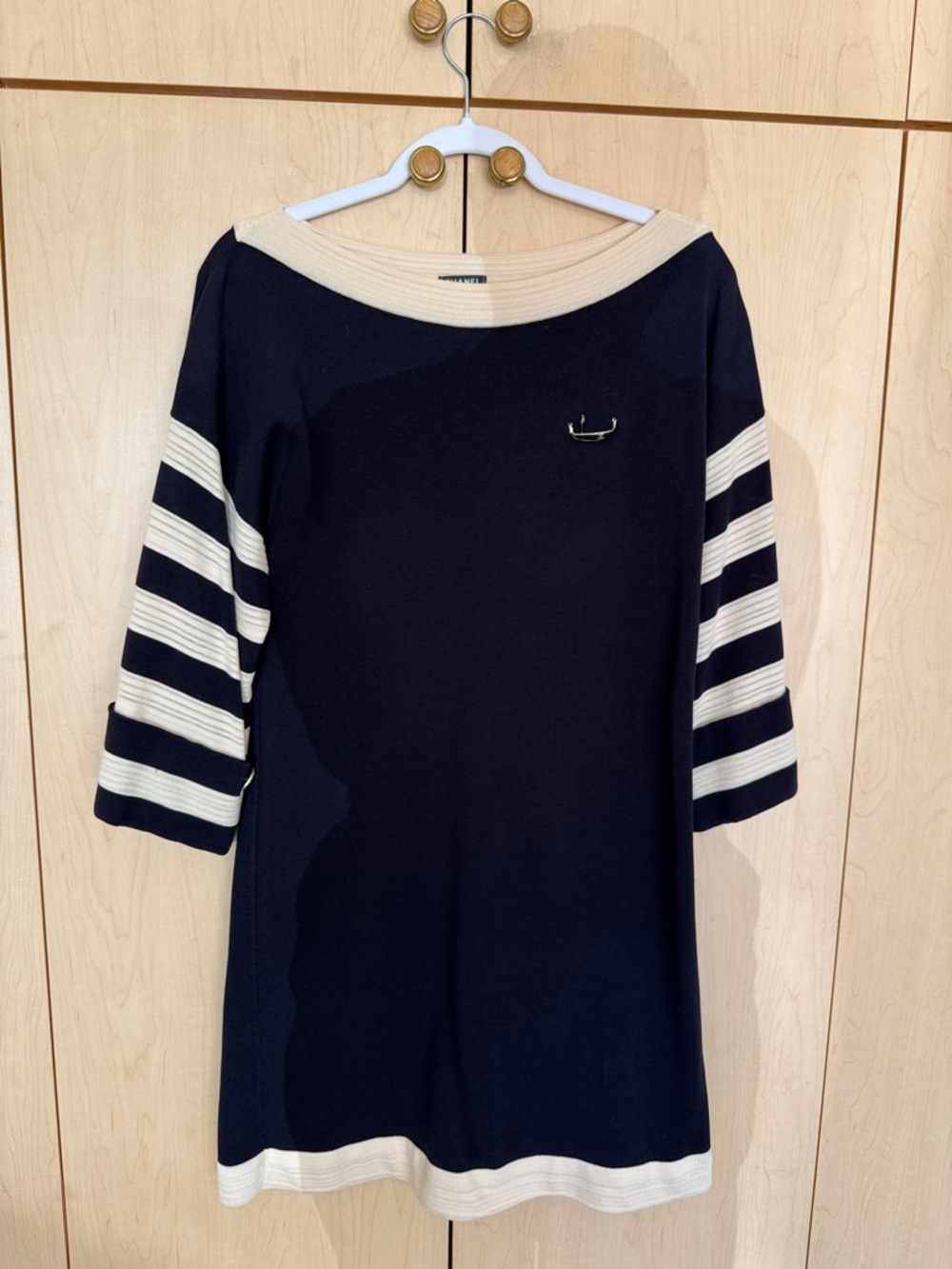 CHANEL Navy and Cream Boatneck Striped Sleeve Dress